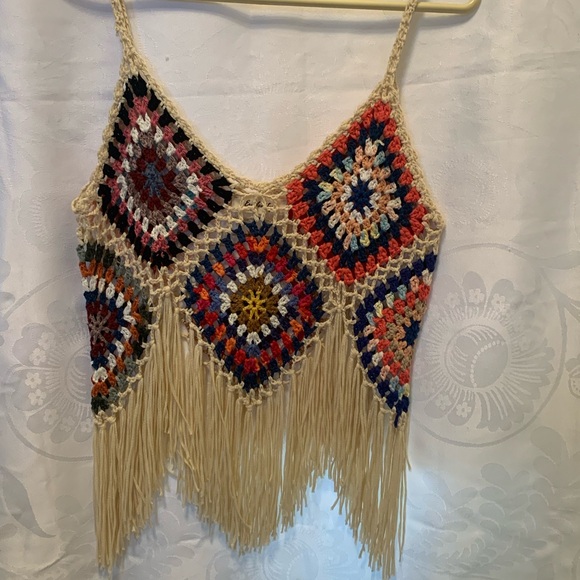 Vanity Tops - Granny square Colorful Crochet Knit tank Top Era Vanity boho festivals hippie